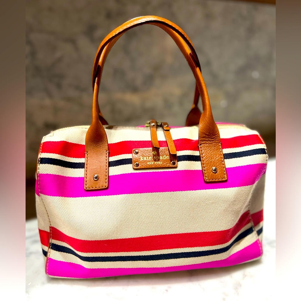 Kate Spade NewYork Oak Island Striped purse-pink/red/navy and cream canvas NWOT